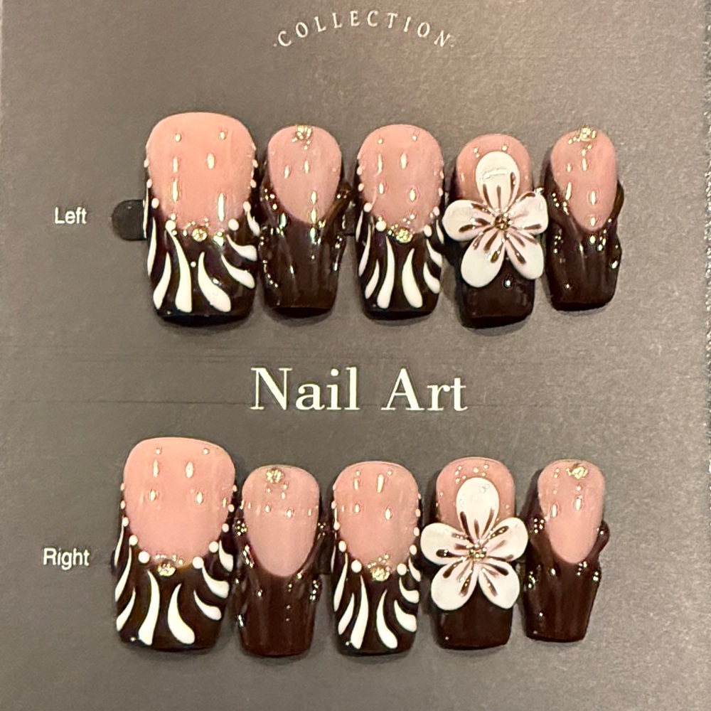 Square Shape Pink and Brown Press-On Nails